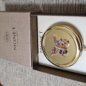 Monet Compact Double Mirror Gold Tone Multi Beads Butterfly